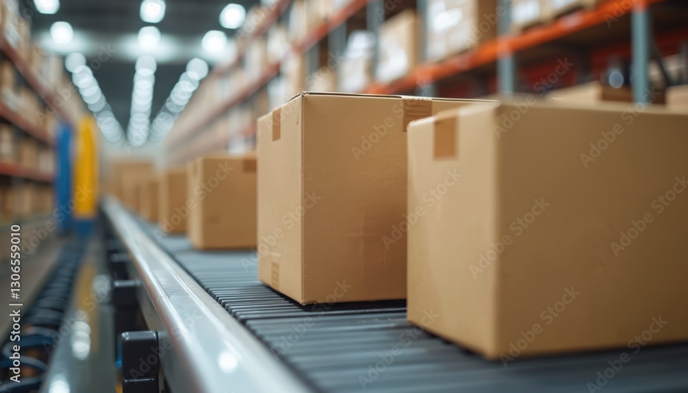 Poster packages move along conveyor belt in distribution warehouse. boxes in motion. automated delivery ser