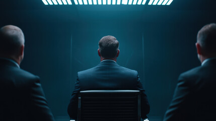 man in suit sits in dimly lit room, facing away from three figures in suits. atmosphere is tense and mysterious, suggesting serious discussion or interrogation
