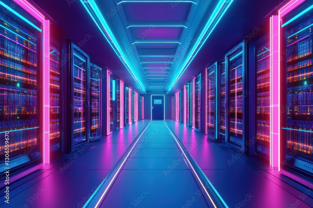 Poster neon illumination showcases cutting-edge software and storage in a modern database center.