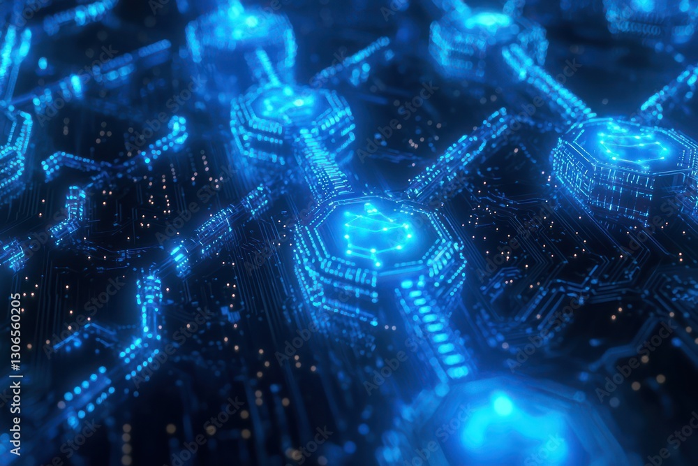 Aufkleber blue digital chains connect futuristic data nodes, symbolizing blockchain security.