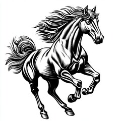 Majestic black stallion galloping with flowing mane against a minimalist white background