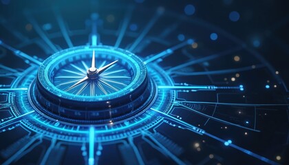 Enhanced compass illustration against blue backdrop. Clock shows time. Circle design with technology concept. Art radar watch, shape, arrow, digital zodiac direction analysis showing connectivity,