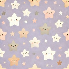 Cute seamless pattern featuring pastel-colored smiling stars on a soft purple background, perfect for kids' designs, wallpapers, and textiles.  