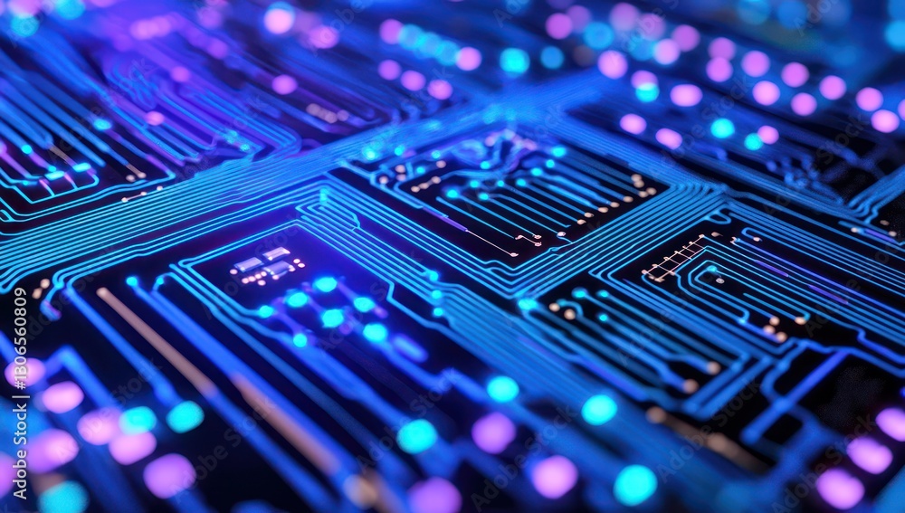 Poster technological complexity of modern systems highlighted by blue and purple hues on a circuit board.