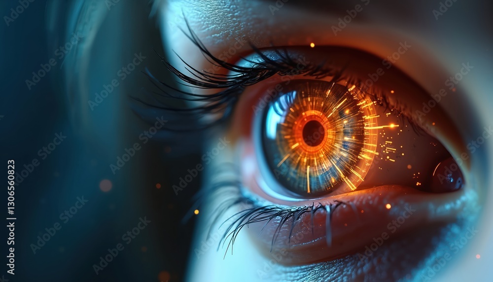 Aufkleber Close-up of eye with orange futuristic HUD interface overlay. Digital biometric identification vision, security scanning. Cybernetic human iris with artificial intelligence light effects, digital