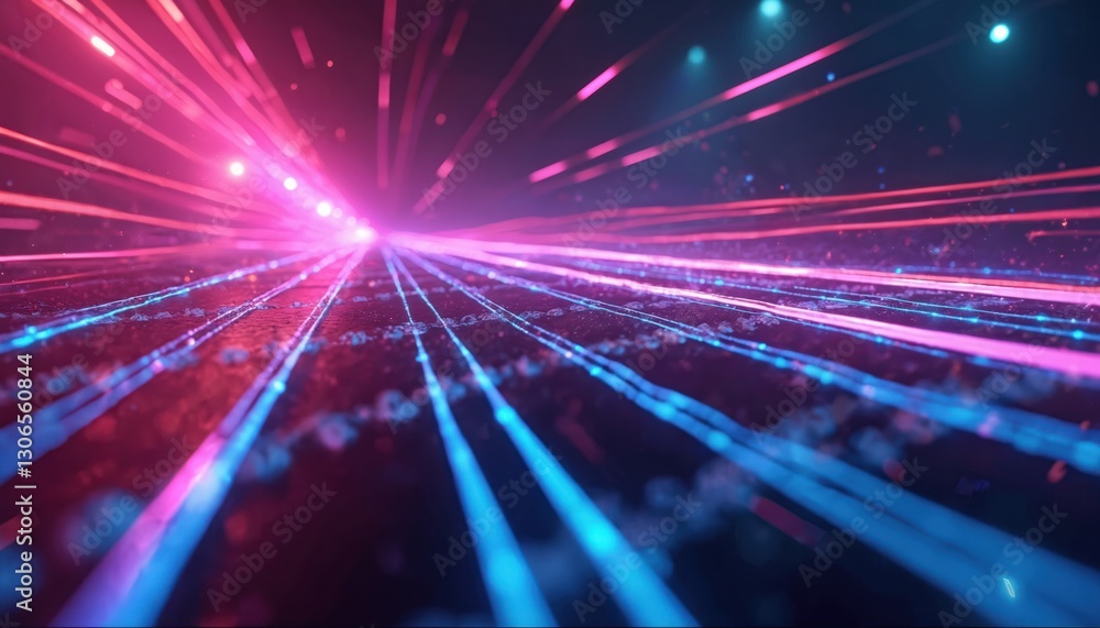 Poster Mesmerizing neon lights create abstract patterns in vibrant spectrum. Otherworldly futuristic visual display of energy, technology. Dynamic motion design with innovation, imagination. Geometric