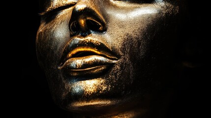 Golden sculpture of a woman's face on a black background --ar 16:9 --v 6.1 Job ID: 967b0781-8760-4c30-8d2b-a6de180e458b