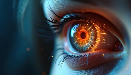 Close-up of eye with orange futuristic HUD interface overlay. Digital biometric identification vision, security scanning. Cybernetic human iris with artificial intelligence light effects, digital