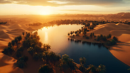 Obraz premium Aerial view of the Sahara Desert with oasis and lake at sunset 
