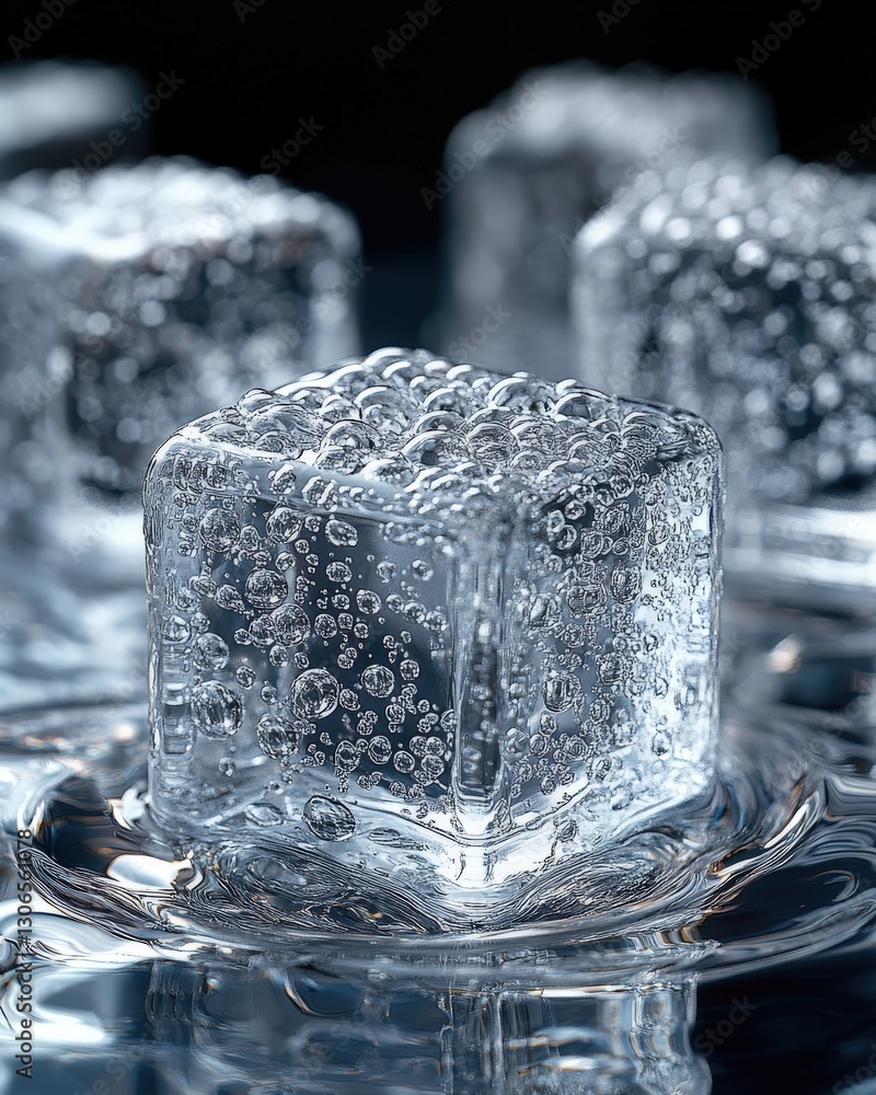 Poster close-up of ice cubes with air bubbles, melting in water, creating ripples. perfect for refreshing d
