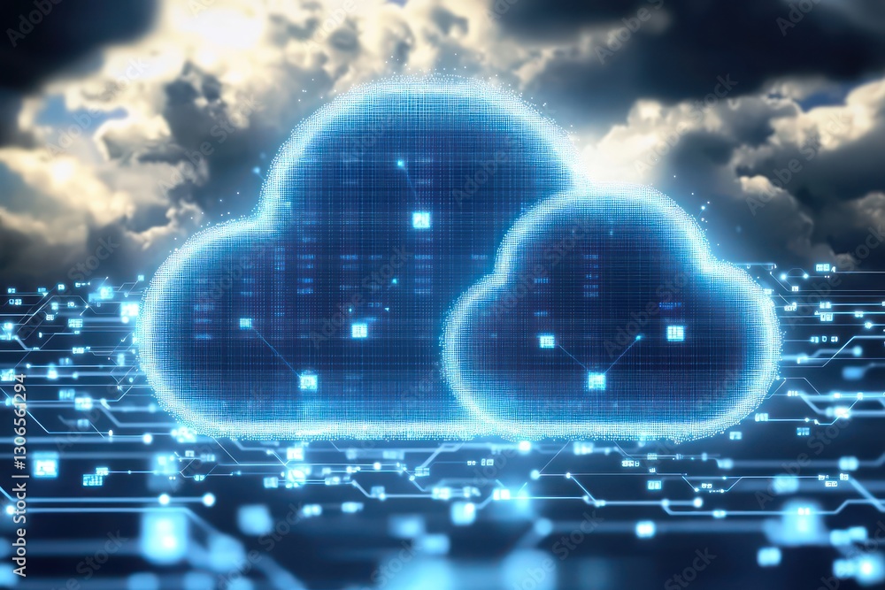 Poster abstract elements in cloud computing concepts illustrate vast data transfers.