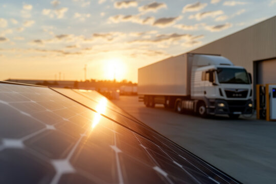 Solar panels generating green energy for sustainable transportation at sunset