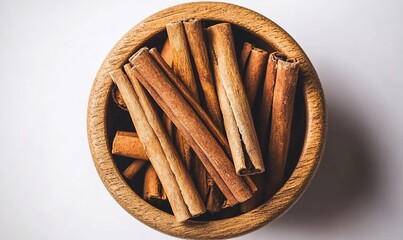 Cinnamon sticks in wooden bowl, white background (1)