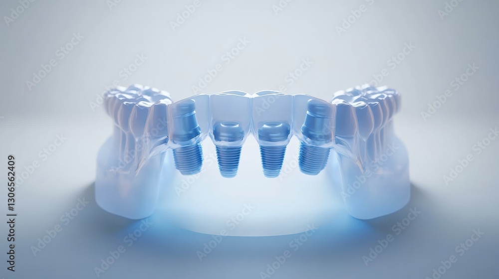 Poster dental arch 3d model showcasing implant placement with glowing highlights against a soft background 