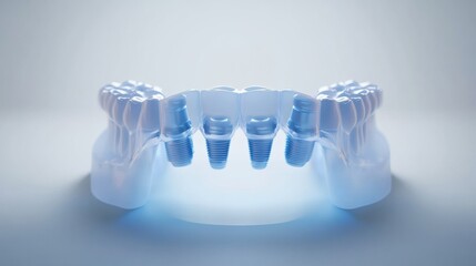 Dental arch 3D model showcasing implant placement with glowing highlights against a soft background Generative AI