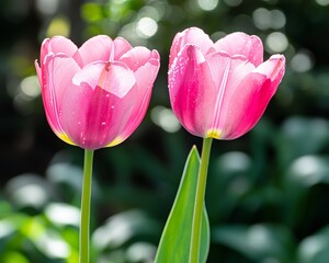 Naklejka premium Two Elegant Pink Tulips, Springtime Beauty in Soft Sunlight. High-Contrast Flower Photography.