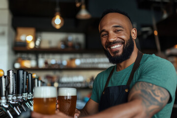 Bartender serving two craft beers and smiling at brewery pub