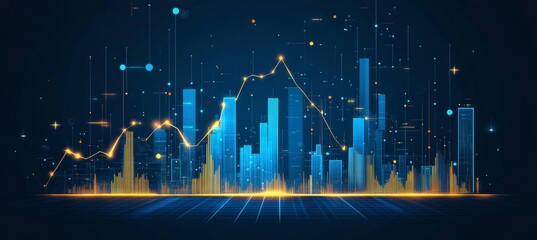 Obraz premium Futuristic Cityscape with Glowing Financial Graph A Vector Illustration of Market Volatility