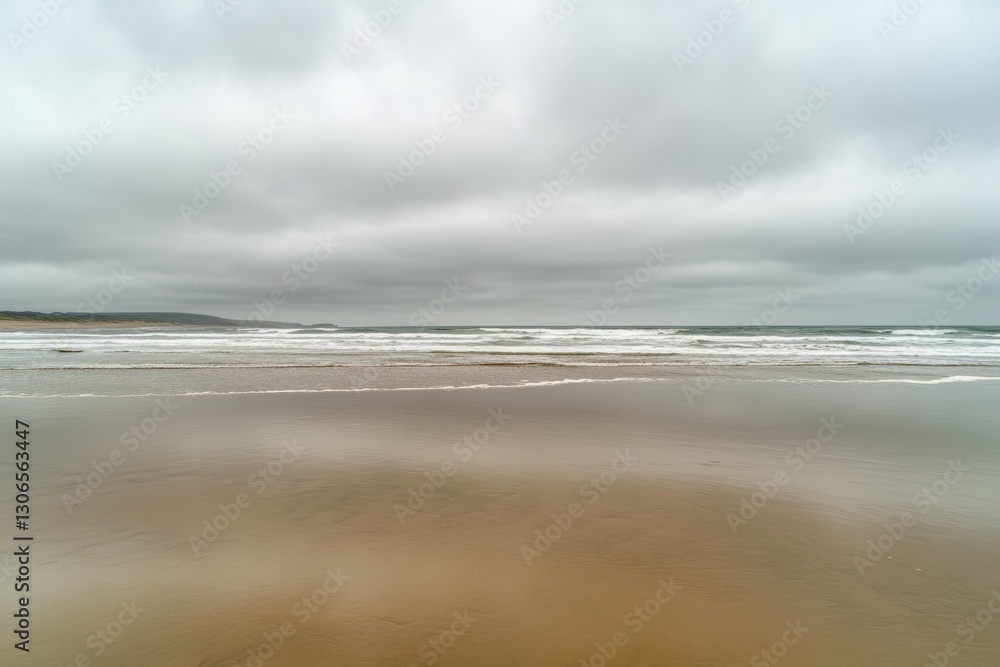 Aufkleber Lonely seashore with gentle waves and an overcast sky inviting calm reflections in open space Generative AI