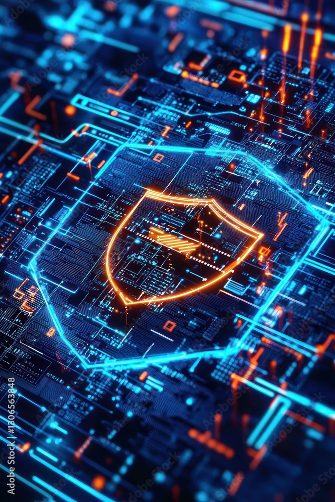 Poster digital threats countered with cyber defense infrastructure visualization.