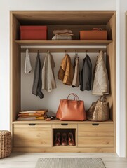 Modern Wooden Coat Rack with Storage in a Minimalist Entryway