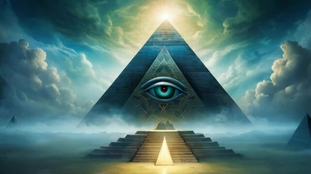 A mystical and surreal scene featuring a large, illuminated pyramid with a prominent eye, against a dramatic sky with swirling clouds and ethereal light, creating a sense of mystery and wonder