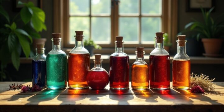 Collection of Colorful Glass Bottles Filled with Liquids on Wooden Surface in Sunlight