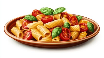 Delicious pasta dish with tomatoes and basil on ceramic plate, Italian cuisine, appetizing and rustic, ultra-detailed, 8k