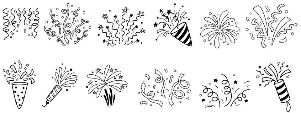 Doodle fireworks with confetti, stars and sparks. Lightning, explosion, sunburst, fireworks, bling, motion effects. Hand draw line elements for birthday, anniversary, Christmas, party and invitation