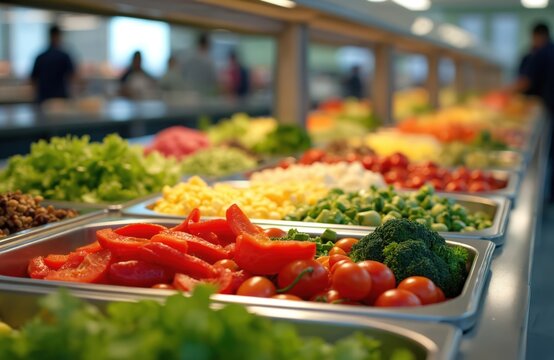 Salad bar in school cafeteria offers variety of fresh vegetables, fruits, customizable options for nutritious appealing meals. Healthy balanced diet buffet with greens, tomatoes, corn, pepper,