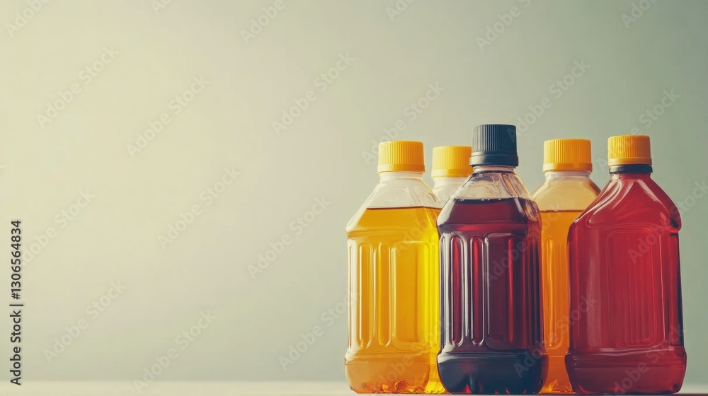 Leinwandbilder neatly arranged bottles of car fluids including engine oil, antifreeze and brake fluid on a clean ba