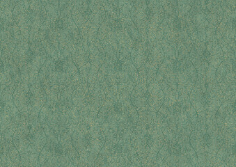 Hand-drawn unique abstract seamless ornament. Dark green on light cold green background, with splatters of golden glitter. Paper texture. Digital artwork, A4. (pattern: p13-1c)