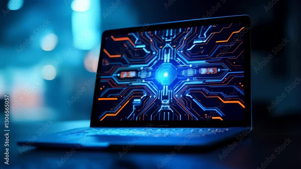 Poster a sleek, modern laptop on a surface with a circuit board design, with its screen displaying a vibran
