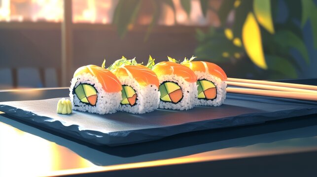 Delicious sushi rolls with chopsticks on slate plate, fresh and colorful, Japanese cuisine, ultra-detailed, 4k - Powered by Adobe