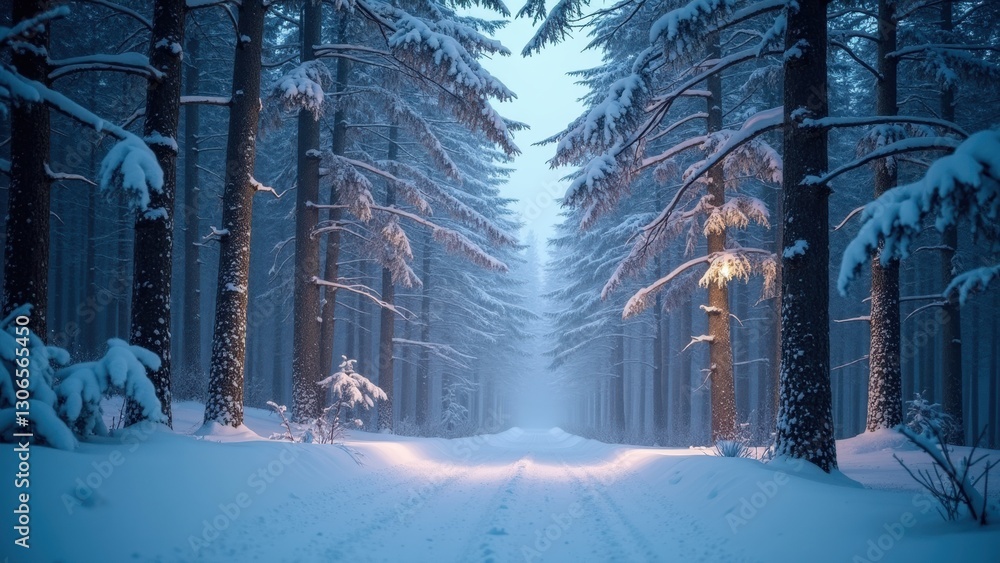 Poster snow-covered forest path with trees in the background. the snow is deep and the trees are bare