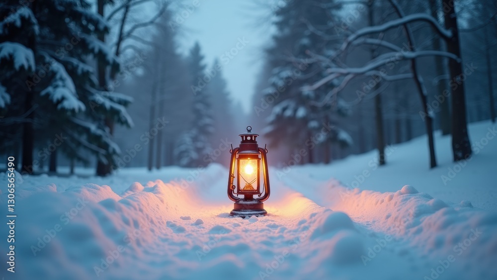 Poster lantern is lit in the snow, creating a warm and cozy atmosphere. the lantern is placed in the middle
