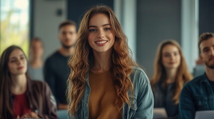Obraz premium Young Woman Smiling Among Others in a Modern Classroom Setting