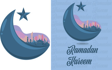 Ramadan kareem illustration background, poster, banner. illustration of mosque and city building above moon.