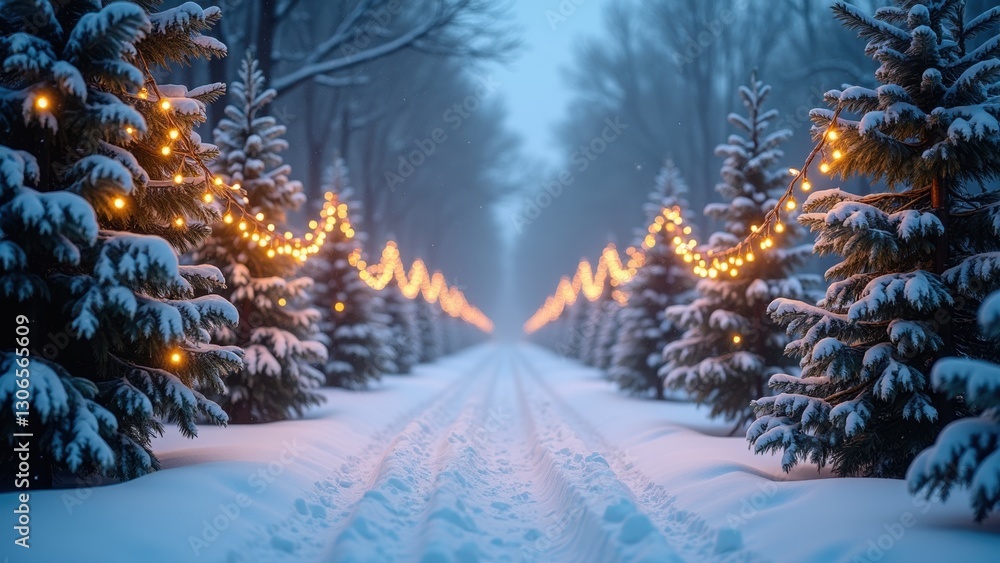 Poster snowy path with a row of christmas trees lit up with lights. the scene is peaceful and serene, with 