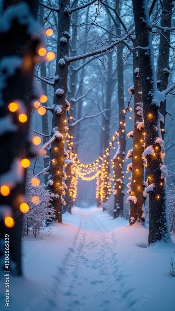 Poster snowy forest with a path lit up with christmas lights. the lights are on the trees and the snow on t