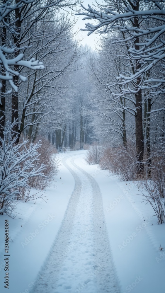 Poster snow-covered path in a forest with trees. the snow is deep and the path is narrow