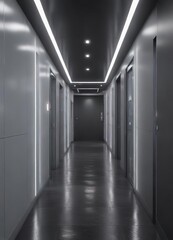Futuristic steel hallway with glowing white lights, contemporary, metallic, technology, innovation, futuristic background