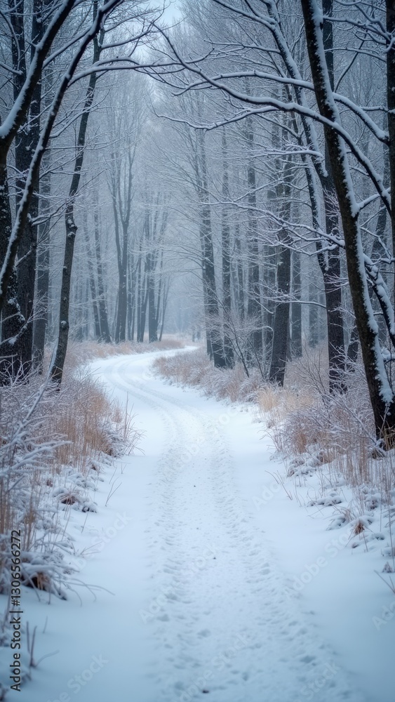 Poster snowy path through a forest with trees covered in snow. the path is narrow and winding, and the snow