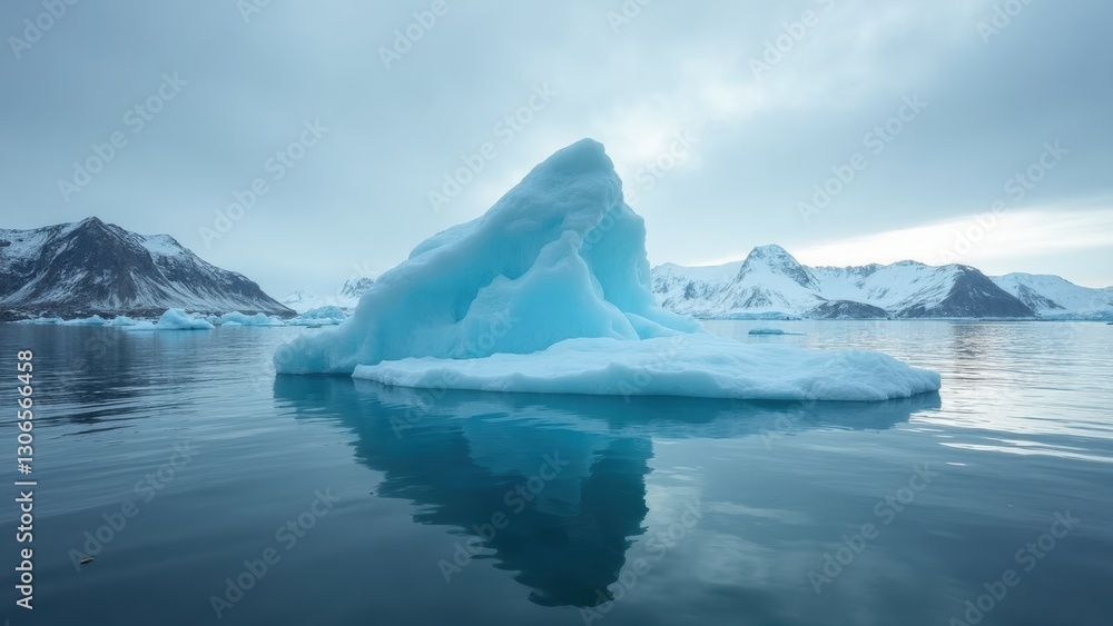 Poster large ice block sits on the surface of the water. the sky is cloudy and the mountains in the backgro