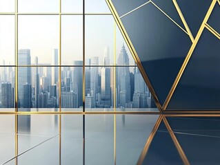Sleek modern office environment featuring abstract geometric patterns in naval blue and gold, glass panels showcasing city skyline, clean lines with metallic highlights, embodying a professional minim