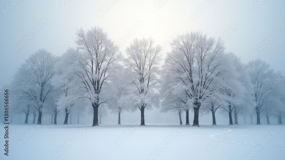 Poster snowy field with trees in the background. the trees are bare and covered in snow. the sky is cloudy 