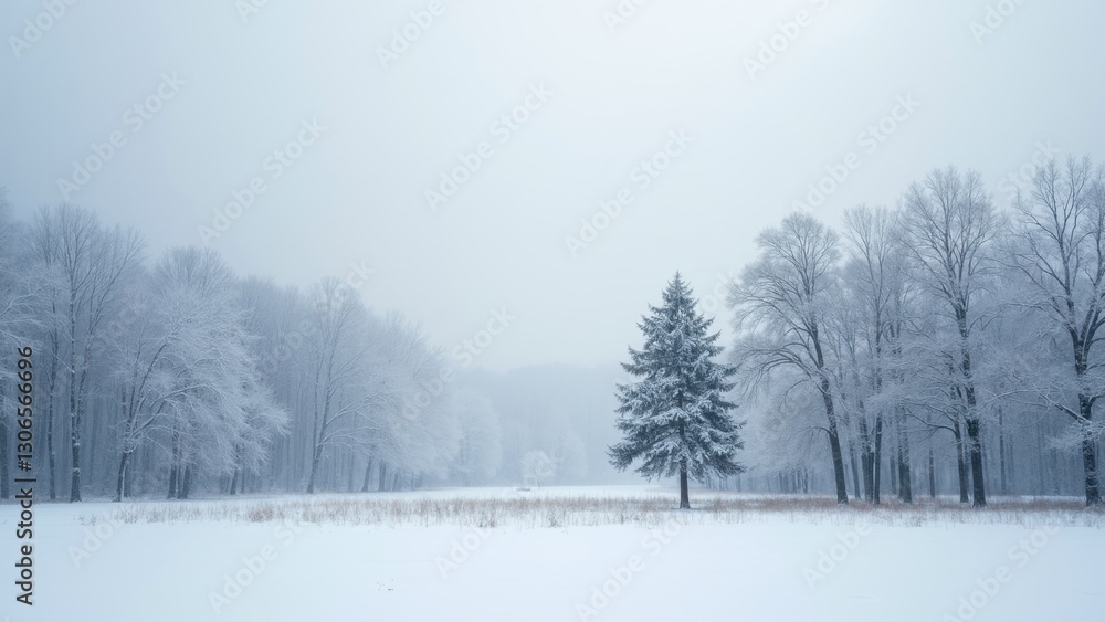 Poster snowy field with a lone tree in the middle. the sky is overcast and the snow is falling