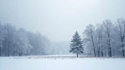 Fototapeta premium Snowy field with a lone tree in the middle. The sky is overcast and the snow is falling