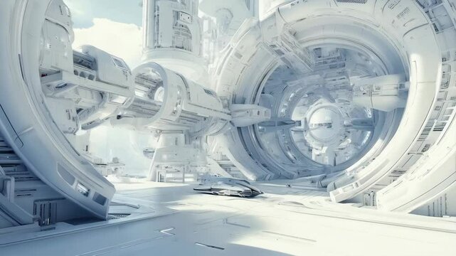 Futuristic space station with large, circular structures and white metal surfaces. The scene is set on an alien planet, in the vastness of deep space, showcasing advanced technology.