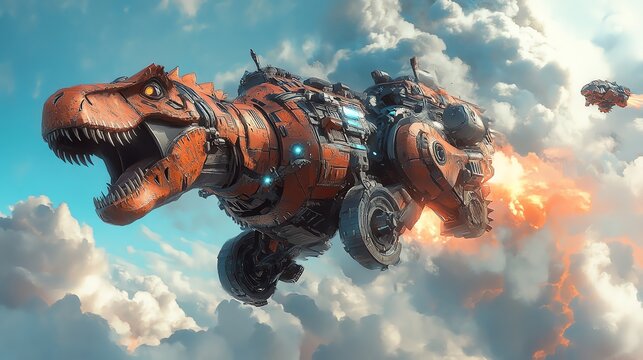 Dinosaur Spaceship Flying Through Clouds Futuristic Sci-fi Scene